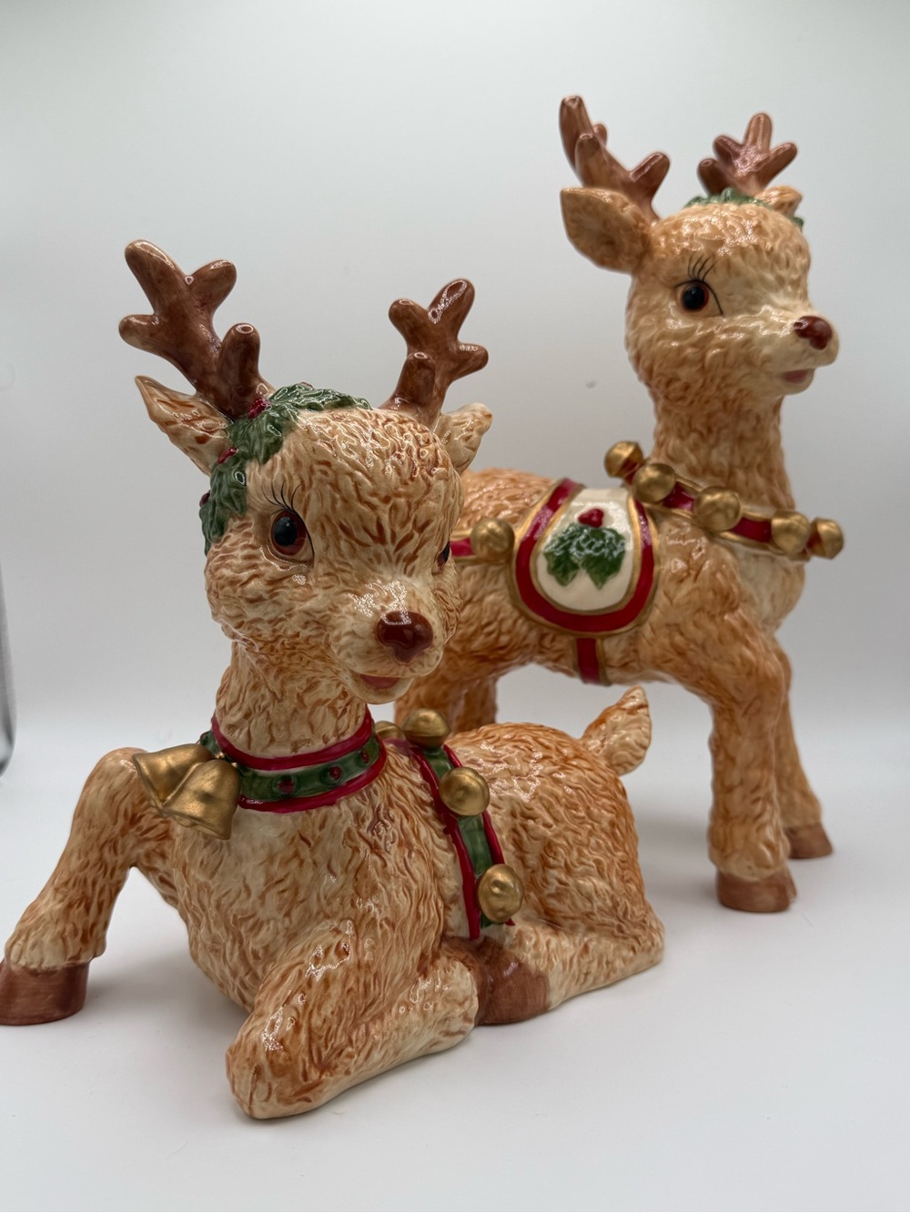 Vintage Festive Ceramic Reindeer Pair - Holiday Home Décor in Brown and Red